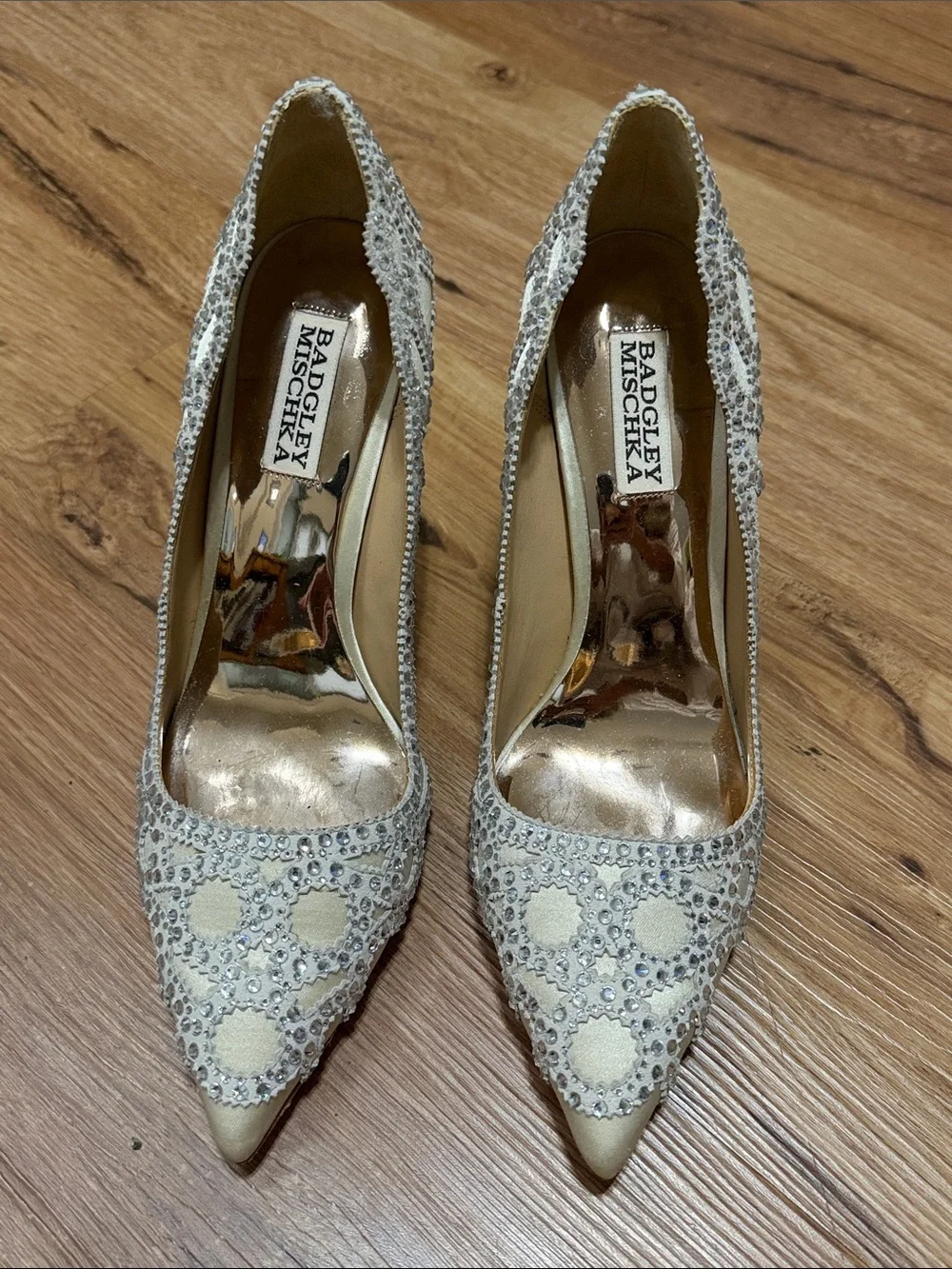 Badgley Mischka Ivory Crystal-Embellished Pointed Toe Pumps, size 8, EUC